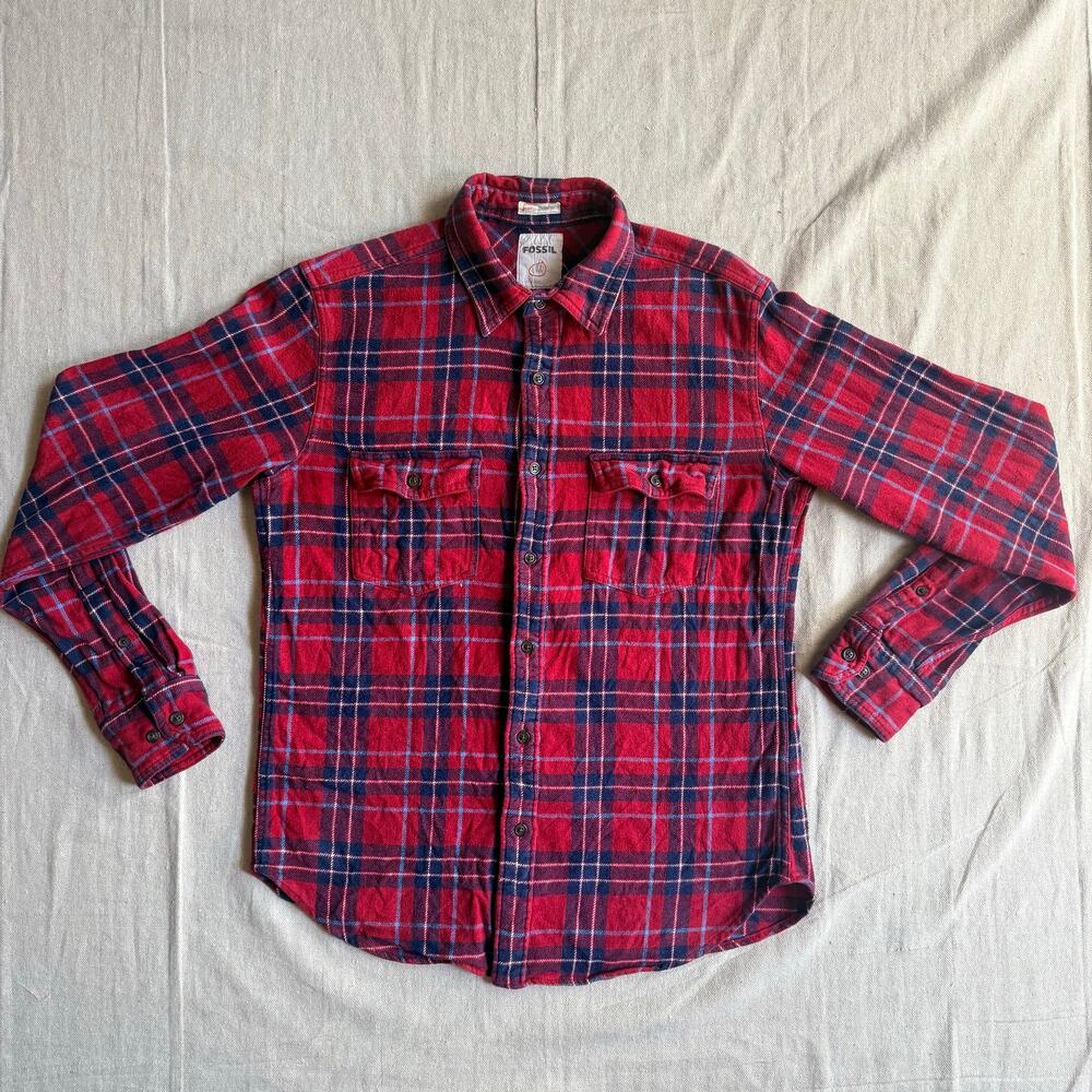 Fossil Shirt Men's M Red Plaid 54 Long Sleeve Button Up Classic Fit Cotton
